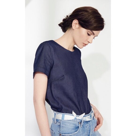 Cuyana Medium Denim Chambray Top Blouse Tie Back Blouse Short Sleeve Blue Tee - Picture 6 of 12